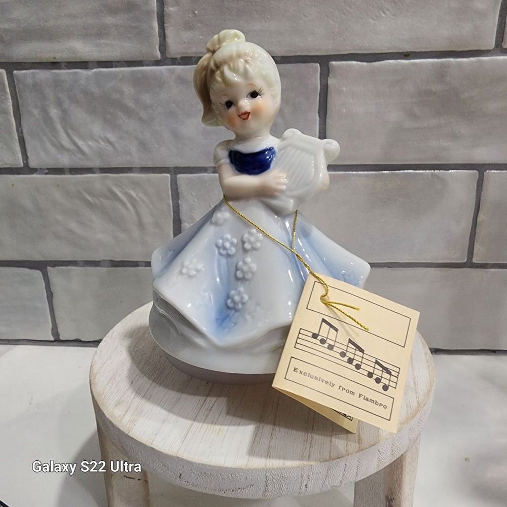 Flambro White & Blue Porcelain Girl with Harp Music Box Decor